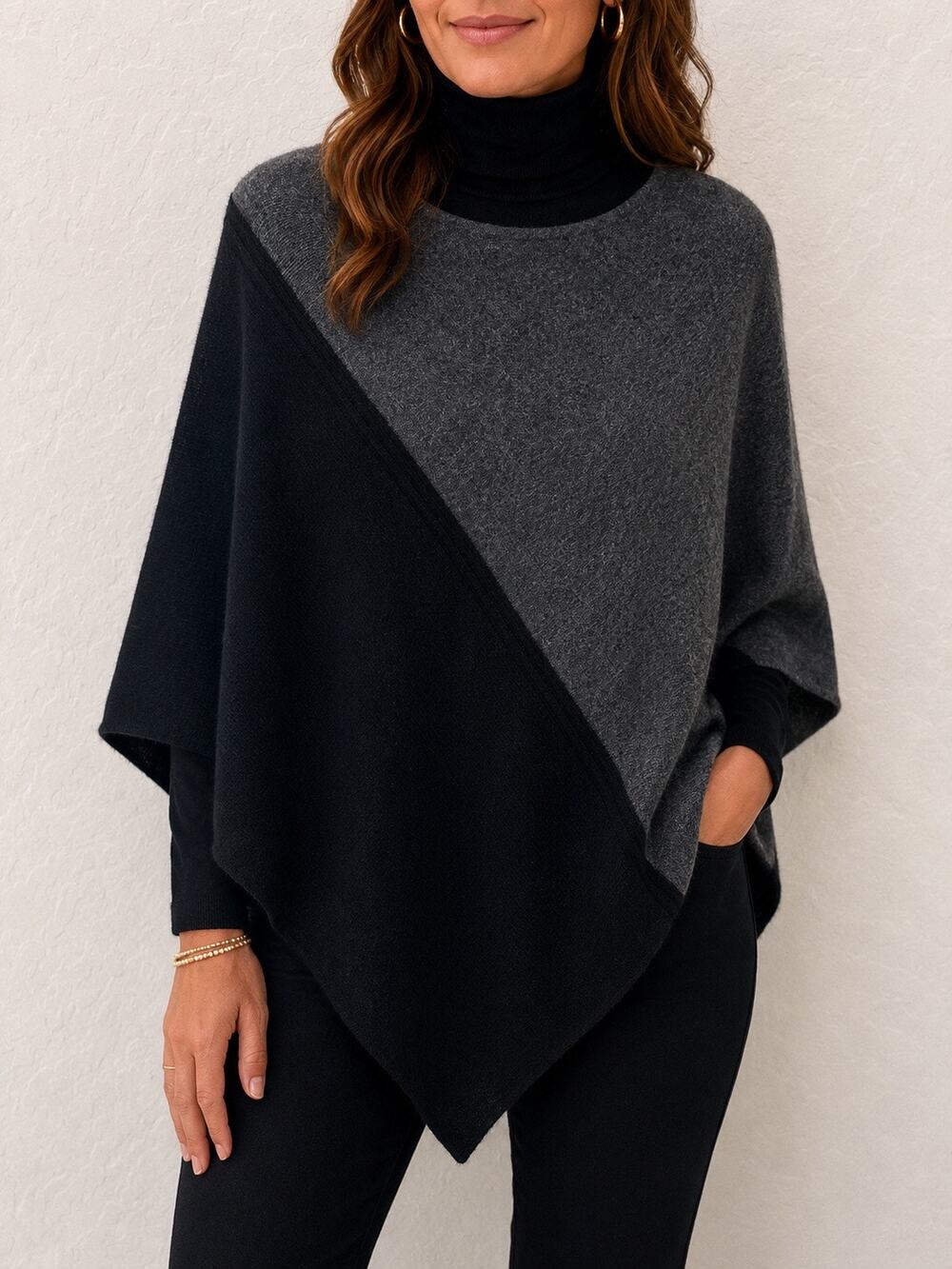 CELESTE Wool Cashmere Colorblock Poncho Sweater Black Gray Asymmetrical Cape